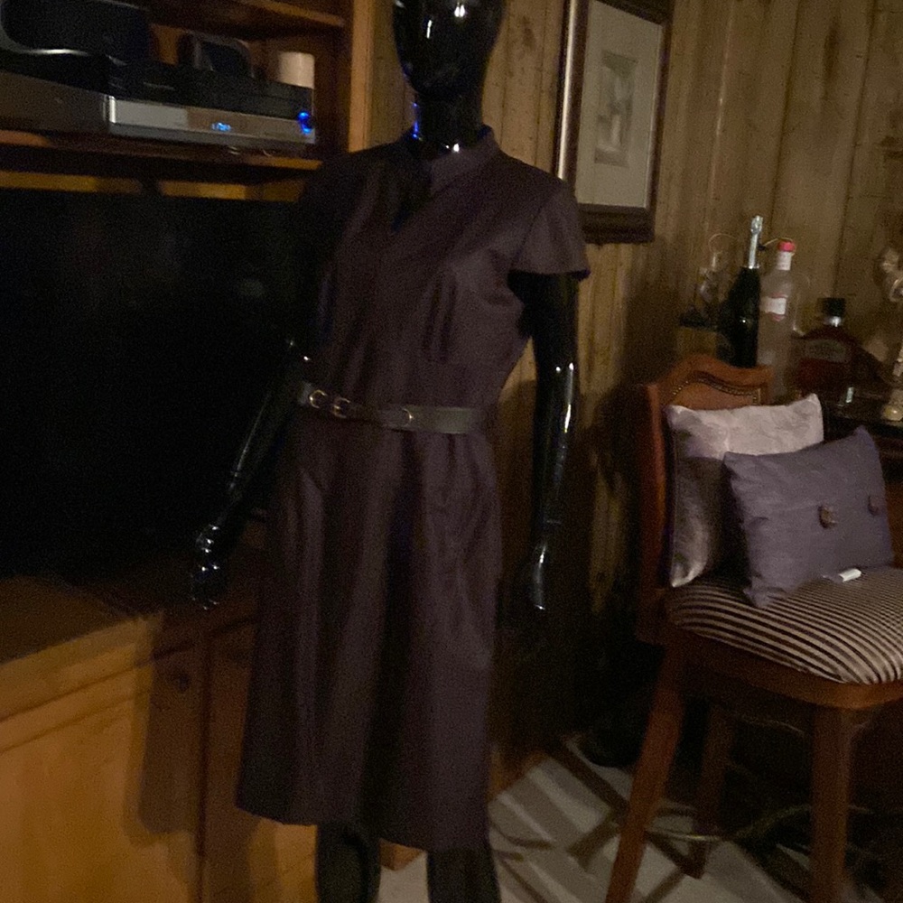 Antonio Melani dress brown with cream diagonal lines top and vertical on bottom